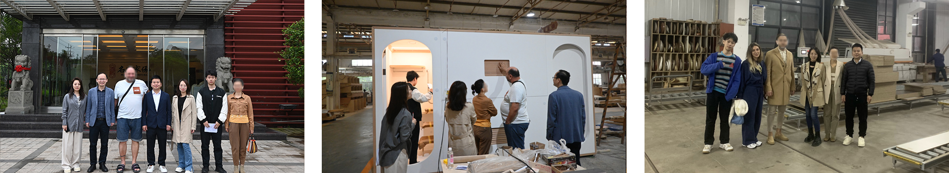 China furniture manufacturer client visit factory gallery, demonstrating international collaboration and professional manufacturing in furniture industry.